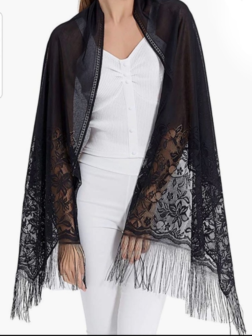 Black Lace Mesh Fringed Shawl Wrap Scarf NWOT